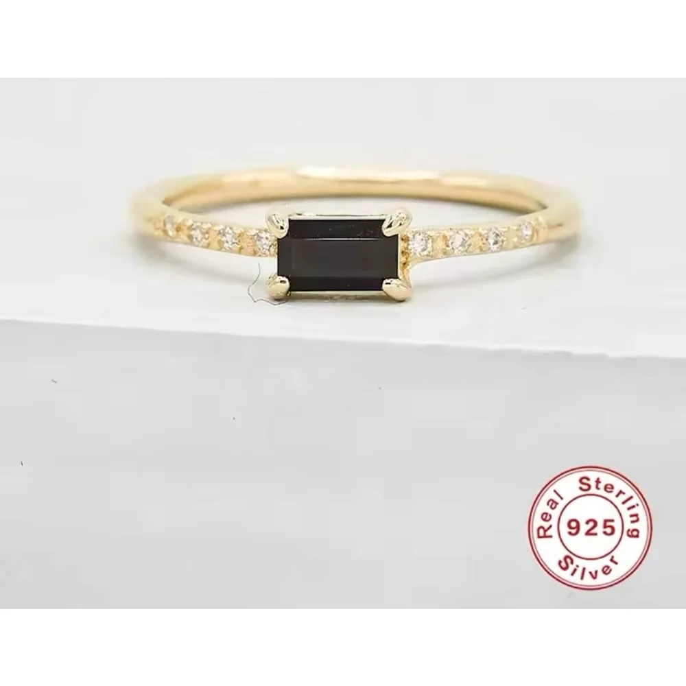 NEW Women's‎ 18k Gold Plated Sterling Baguette Black Onyx Simulated Diamond Ring